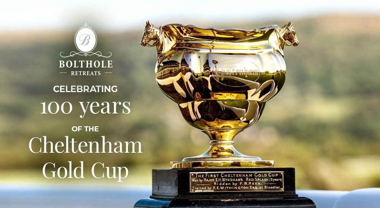 Graphic promoting the celebration of 100 years of the Cheltenham Gold Cup. Photograph of the Gold Cup Trophy to the tight with hills in the background and text on the left.